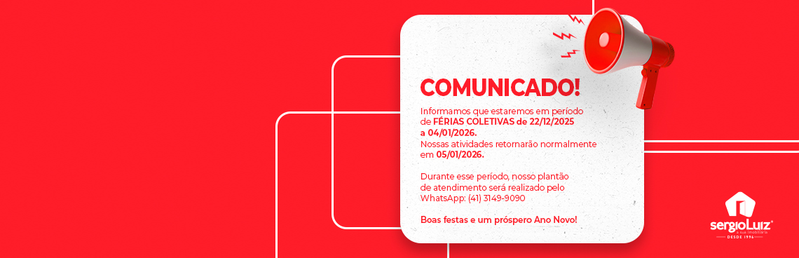 Informamos que estaremos em Férias Coletivas a partir de 22/12/2025, retornamos às atividades no dia 04/01/2026 a partir das 8h30