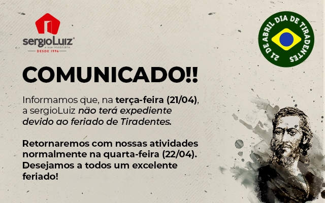 Informamos que não teremos expediente no dia 21/04/2026, retornamos às atividades no dia 22/04/2026
